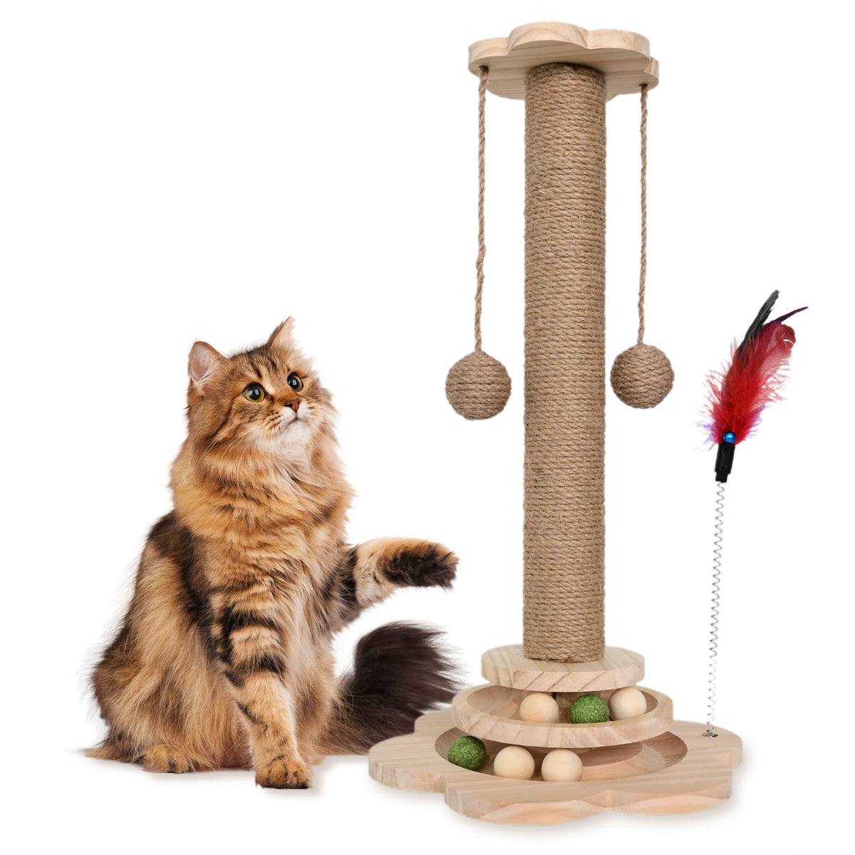 HivaolJoy Kitten Scratching Post - 4 in 1 Cat Scratching PostWooden Cat Scratch Post with 2 Level Cat Sisal Balls Interactive Cat Toy & 2 Sisal Hanging Balls for Indoor Kittens Gifts