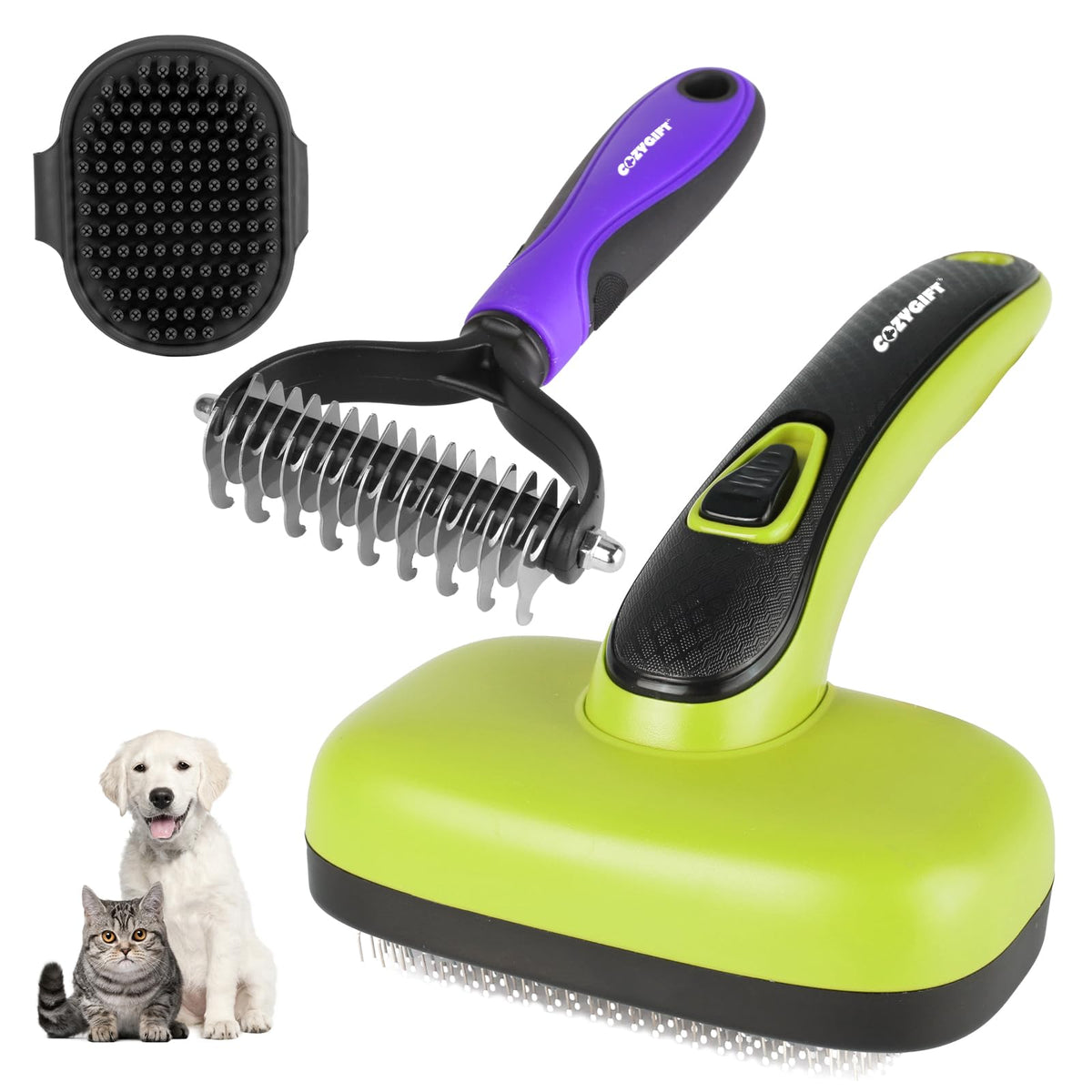 COZYGIFT Dog Brush Kit – 3 PCS Grooming Set with Self-Cleaning Brush Undercoat Rake & Pet Bath Brush. Great for Shedding Tangles & Dirt Removal – Ideal for Long & Short Haired Dogs & Cats Green